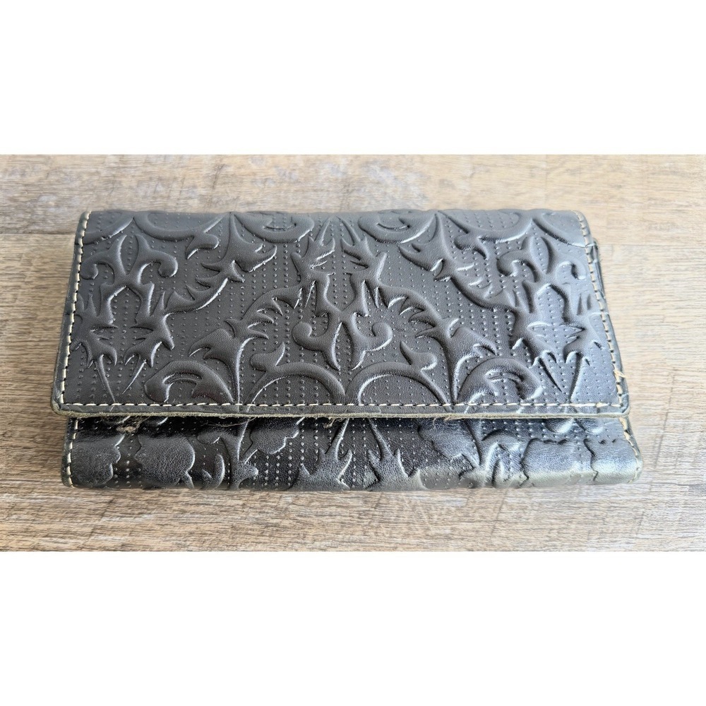 PATRICIA NASH Black Hand Tooled Floral Pattern Trifold 7.5" Leather Wallet